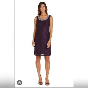 R&M RICHARDS Women's Sheer Draped Jacket and Pearl- Embellished Lace Shift Dress